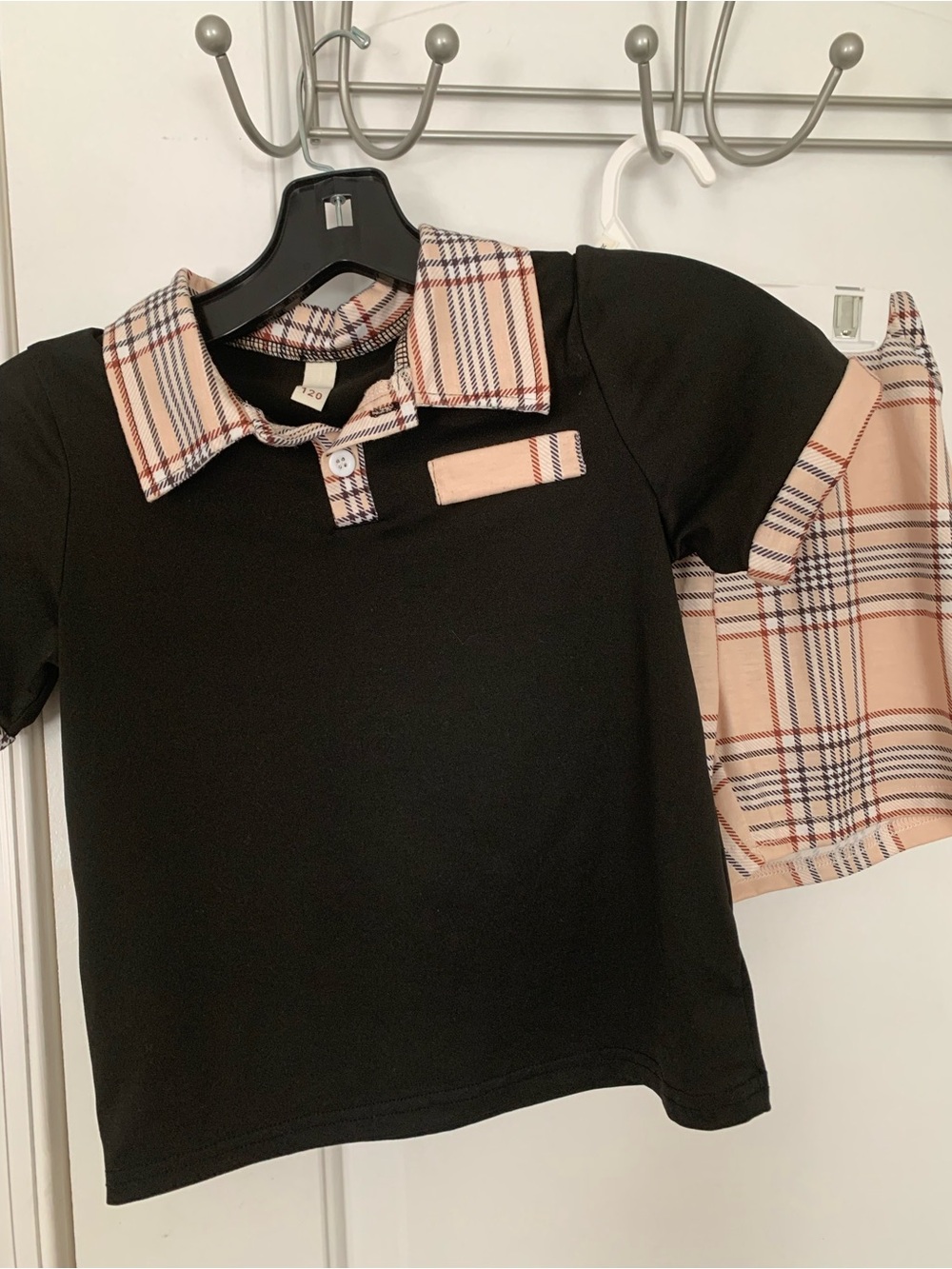 Kids Black Polo Top with Beige Plaid Collar